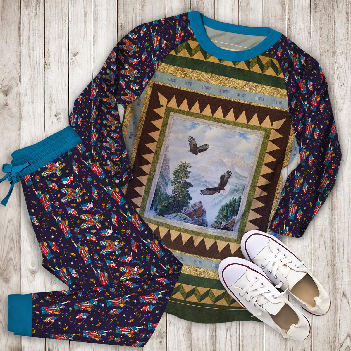 Eagle Pajama Set | Pajamas | Cotton Sleepwear Sets | Soft Long Sleeve Pjs | Raglan Shirt and Pants Set