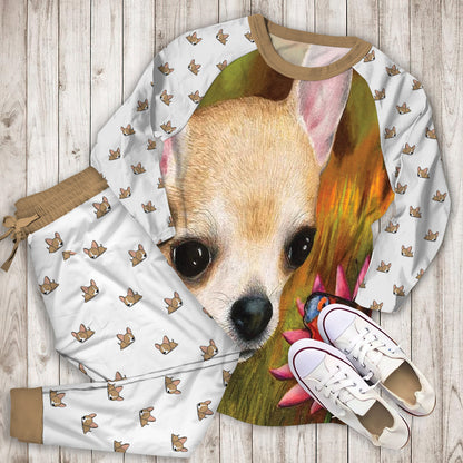 Chihuahua Flower Pajama Set |Sleepwear Pjs Sets | Raglan Shirt Pants Set