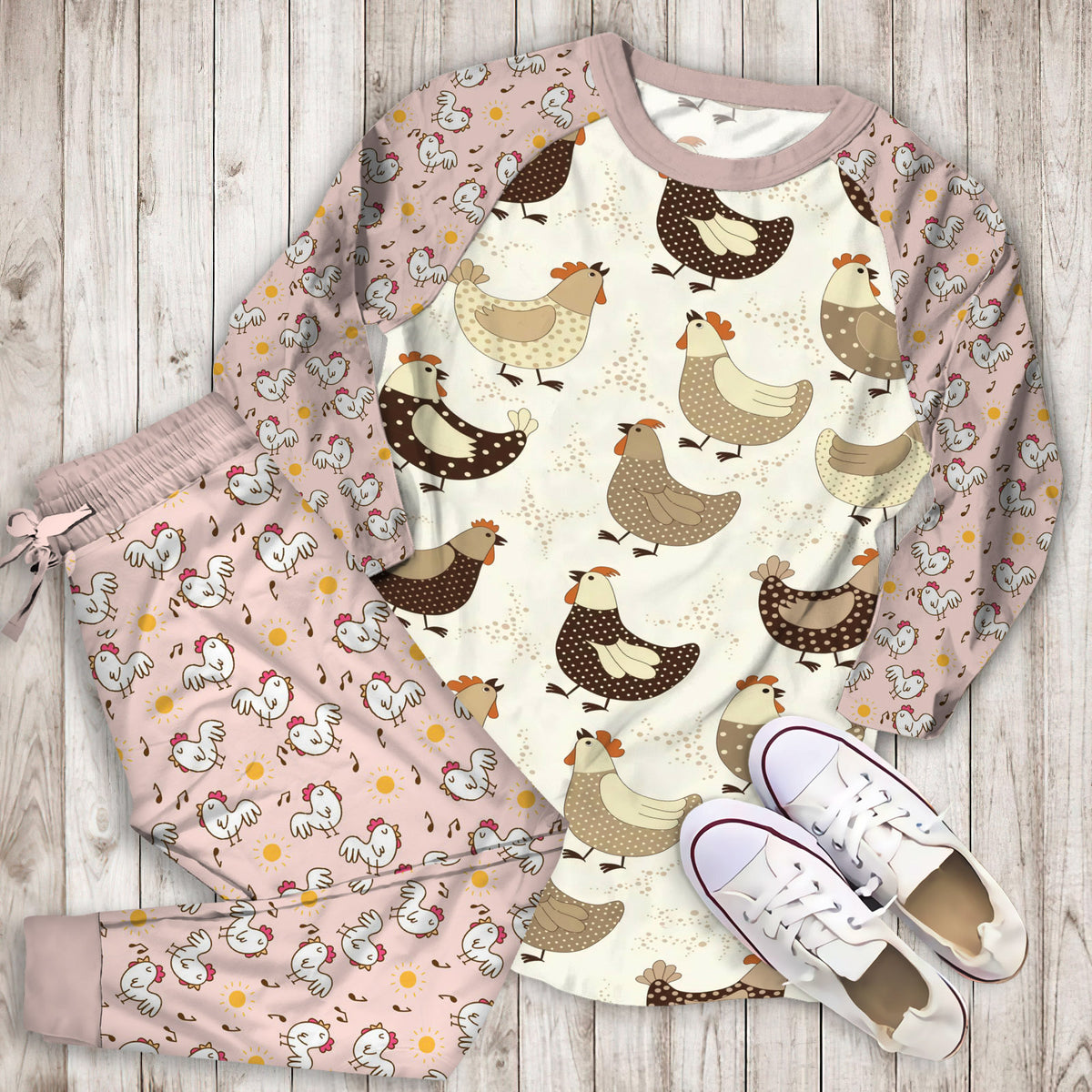 Cute Chicken Pajama Set | Pajamas | Cotton Sleepwear Sets | Soft Long Sleeve Pjs | Raglan Shirt and Pants Set
