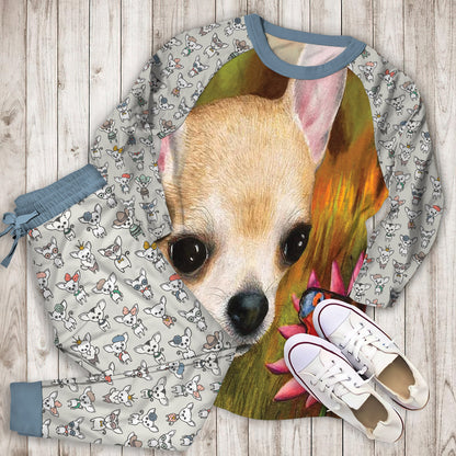 Chihuahua Flower Pajama Set |Sleepwear Pjs Sets | Raglan Shirt Pants Set