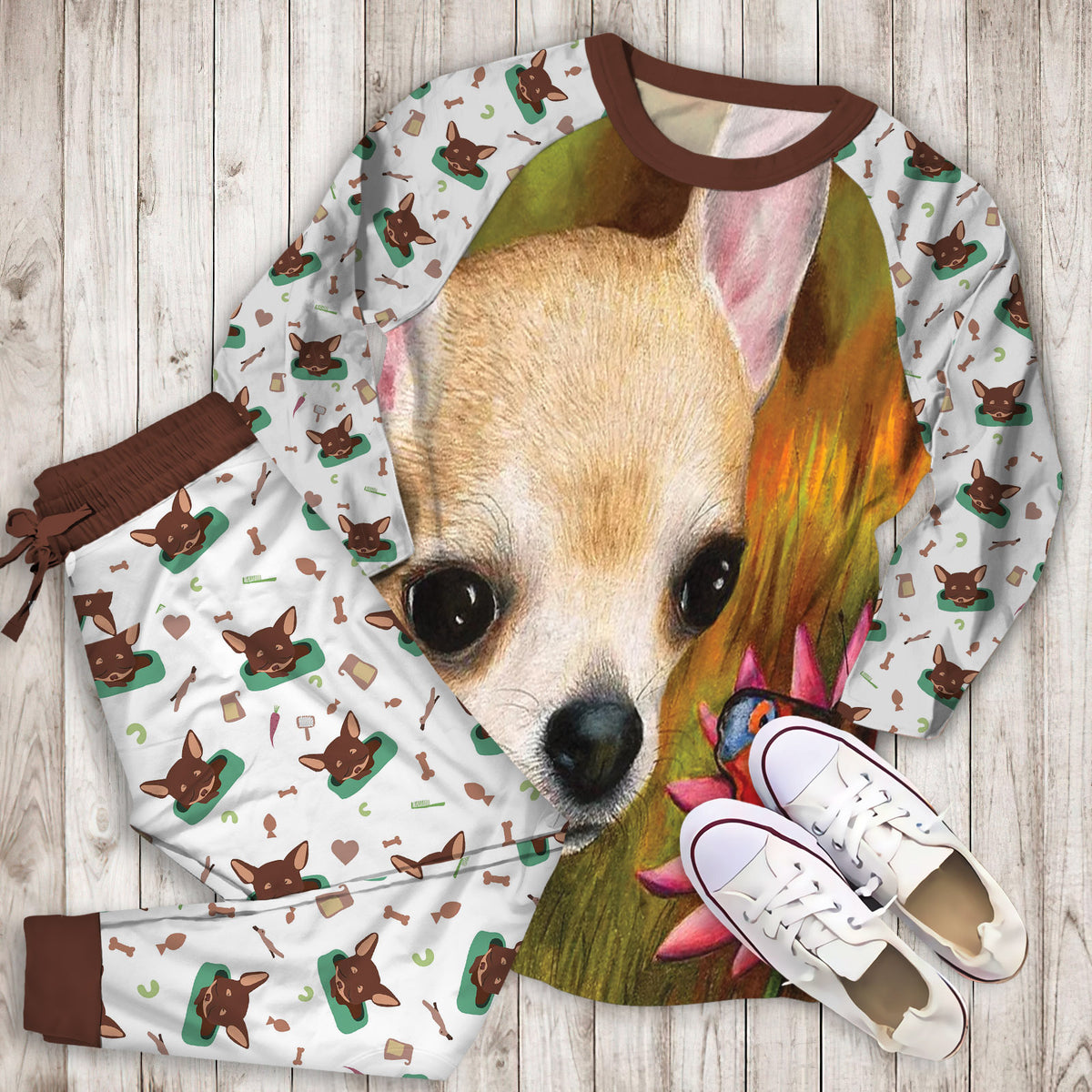 Chihuahua Flower Pajama Set |Sleepwear Pjs Sets | Raglan Shirt Pants Set