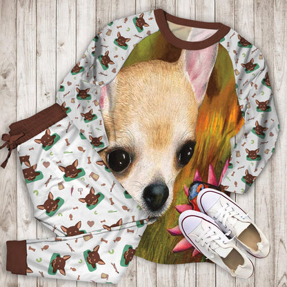 Chihuahua Flower Pajama Set |Sleepwear Pjs Sets | Raglan Shirt Pants Set