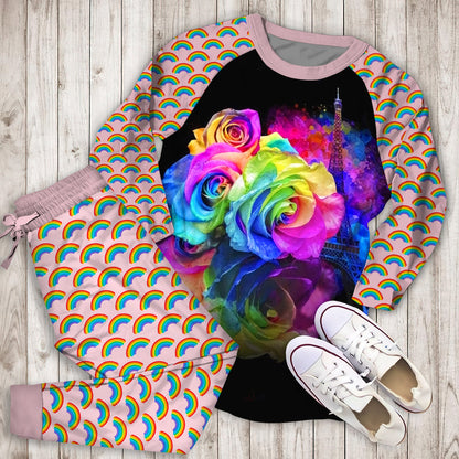 Rainbow Roses Pajama Set | Pajamas | Cotton Sleepwear Sets | Soft Long Sleeve Pjs | Raglan Shirt and Pants Set
