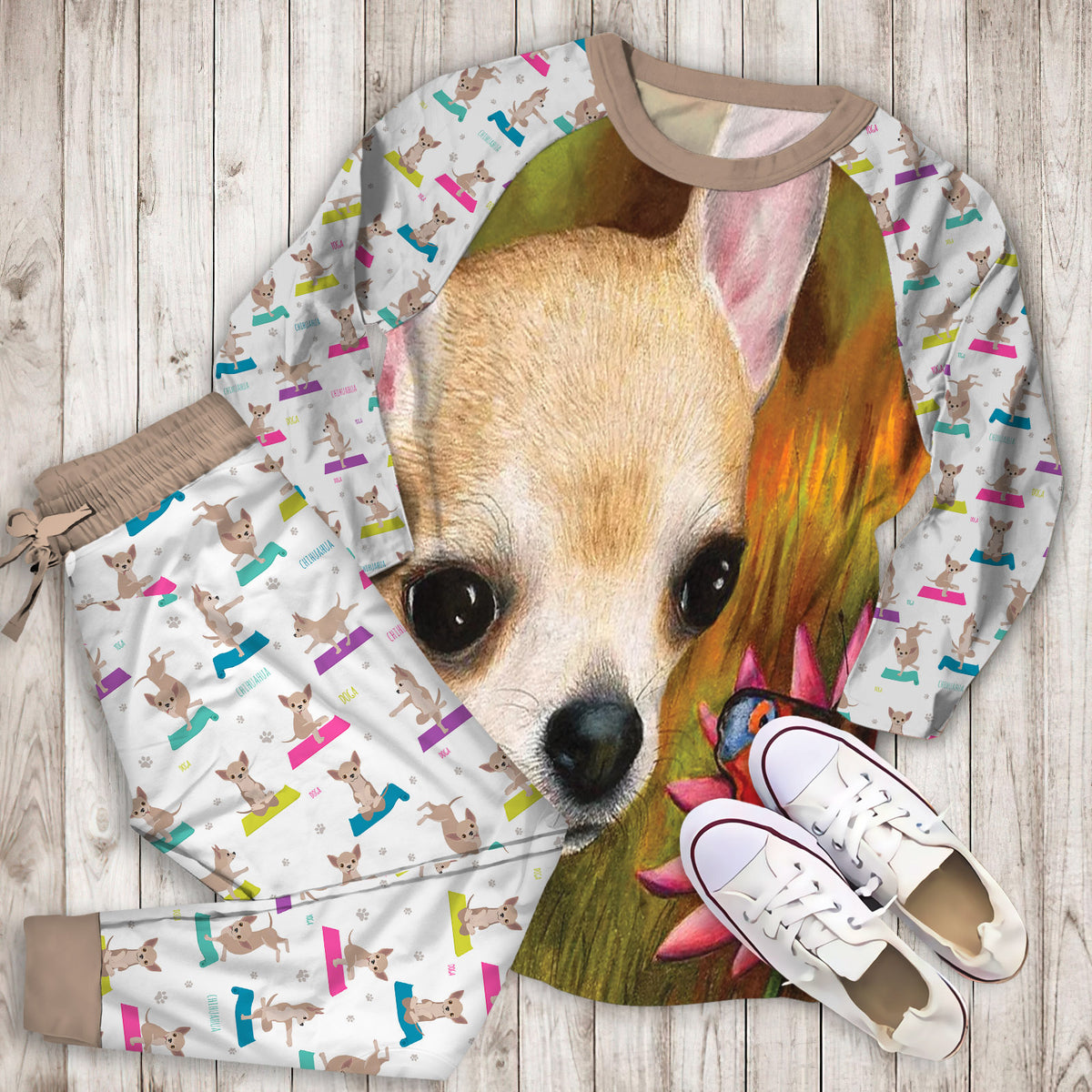 Chihuahua Flower Pajama Set |Sleepwear Pjs Sets | Raglan Shirt Pants Set