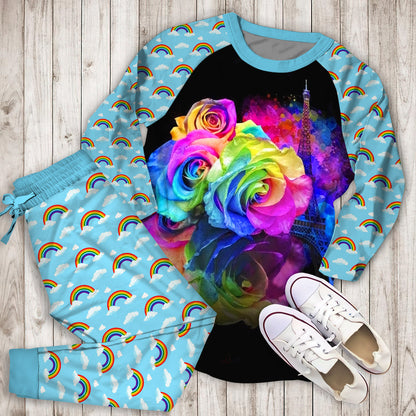 Rainbow Roses Pajama Set | Pajamas | Cotton Sleepwear Sets | Soft Long Sleeve Pjs | Raglan Shirt and Pants Set