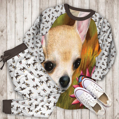 Chihuahua Flower Pajama Set |Sleepwear Pjs Sets | Raglan Shirt Pants Set