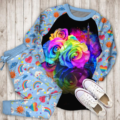Rainbow Roses Pajama Set | Pajamas | Cotton Sleepwear Sets | Soft Long Sleeve Pjs | Raglan Shirt and Pants Set