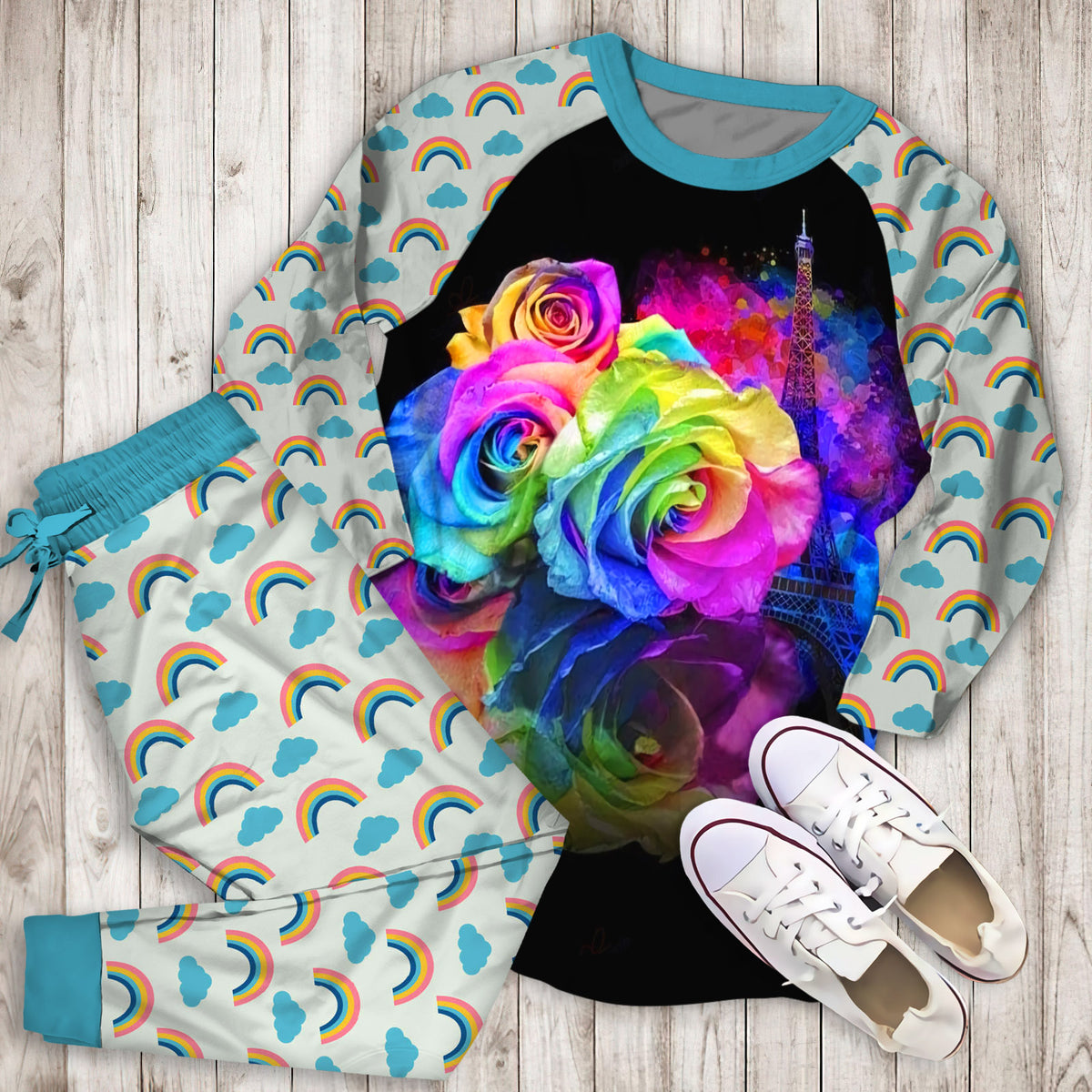 Rainbow Roses Pajama Set | Pajamas | Cotton Sleepwear Sets | Soft Long Sleeve Pjs | Raglan Shirt and Pants Set