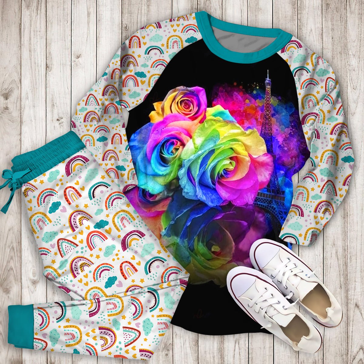 Rainbow Roses Pajama Set | Pajamas | Cotton Sleepwear Sets | Soft Long Sleeve Pjs | Raglan Shirt and Pants Set