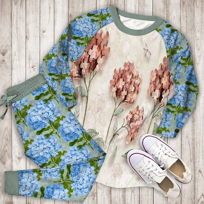 Hydrangea Pink Paper Pajama Set | Pajamas | Cotton Sleepwear Sets | Soft Long Sleeve Pjs | Raglan Shirt and Pants Set