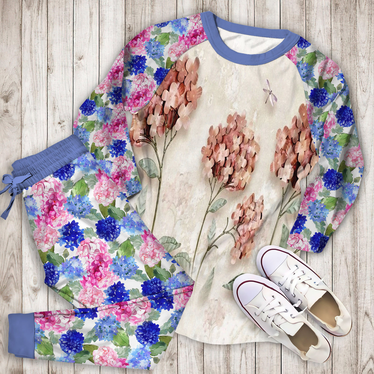 Hydrangea Pink Paper Pajama Set | Pajamas | Cotton Sleepwear Sets | Soft Long Sleeve Pjs | Raglan Shirt and Pants Set
