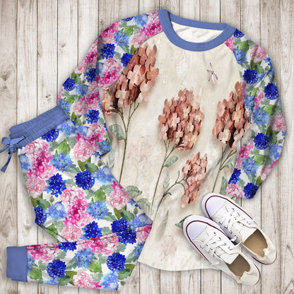 Hydrangea Pink Paper Pajama Set | Pajamas | Cotton Sleepwear Sets | Soft Long Sleeve Pjs | Raglan Shirt and Pants Set