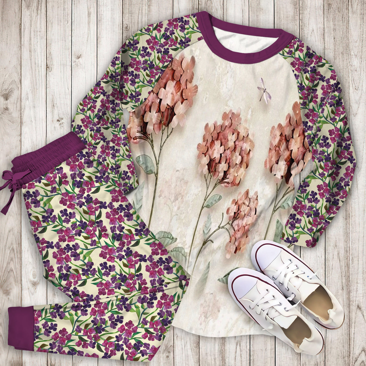Hydrangea Pink Paper Pajama Set | Pajamas | Cotton Sleepwear Sets | Soft Long Sleeve Pjs | Raglan Shirt and Pants Set