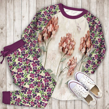 Hydrangea Pink Paper Pajama Set | Pajamas | Cotton Sleepwear Sets | Soft Long Sleeve Pjs | Raglan Shirt and Pants Set