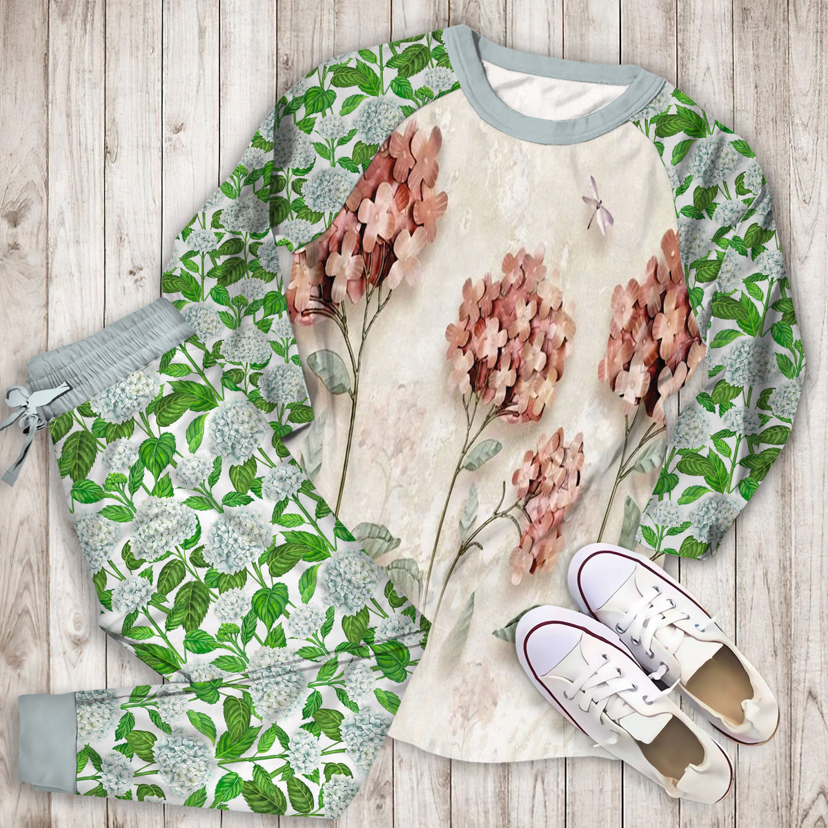 Hydrangea Pink Paper Pajama Set | Pajamas | Cotton Sleepwear Sets | Soft Long Sleeve Pjs | Raglan Shirt and Pants Set