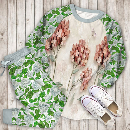 Hydrangea Pink Paper Pajama Set | Pajamas | Cotton Sleepwear Sets | Soft Long Sleeve Pjs | Raglan Shirt and Pants Set