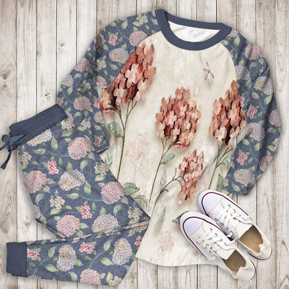 Hydrangea Pink Paper Pajama Set | Pajamas | Cotton Sleepwear Sets | Soft Long Sleeve Pjs | Raglan Shirt and Pants Set
