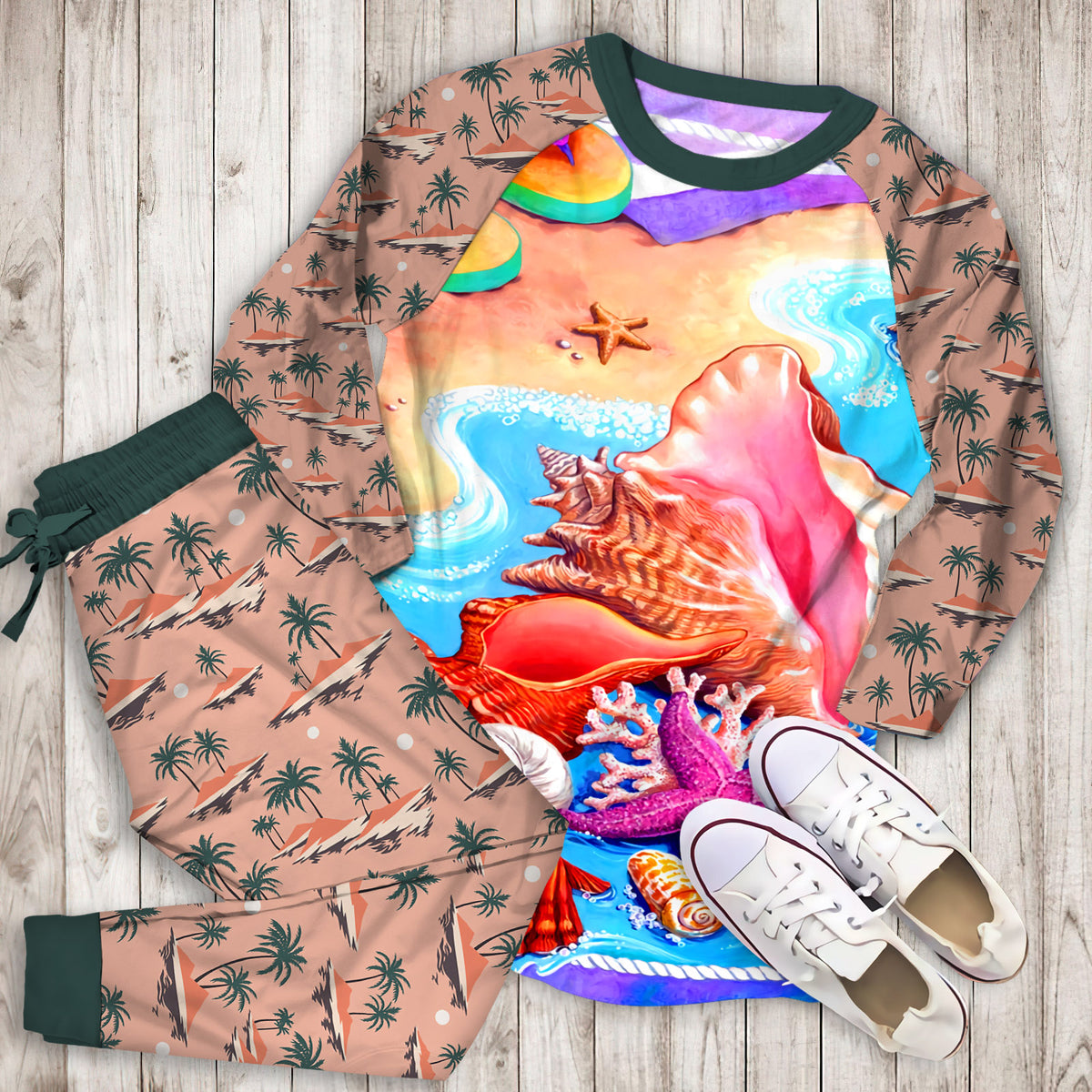 Beach Seashell Pajama Set | Pajamas | Cotton Sleepwear Sets | Soft Long Sleeve Pjs | Raglan Shirt and Pants Set