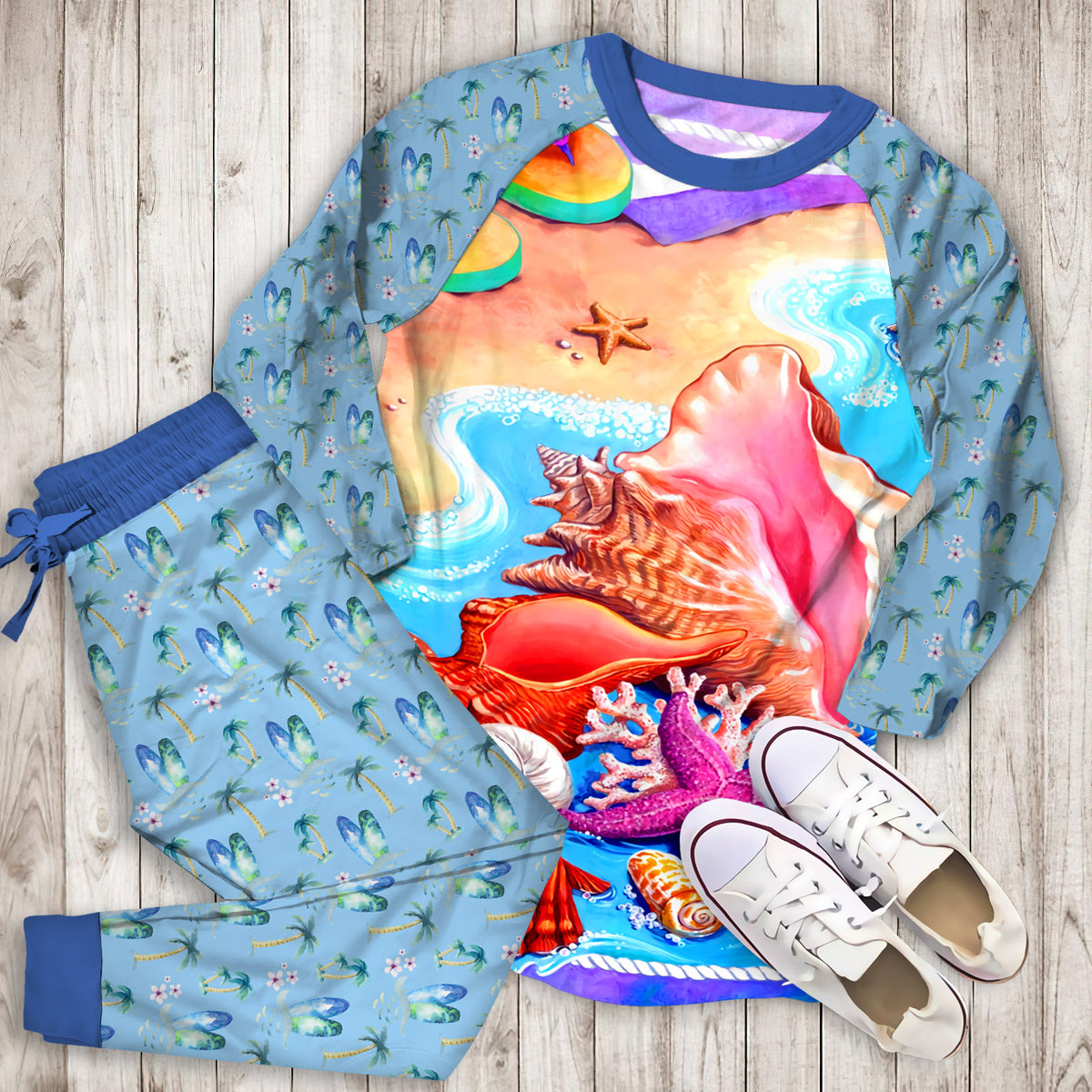 Beach Seashell Pajama Set | Pajamas | Cotton Sleepwear Sets | Soft Long Sleeve Pjs | Raglan Shirt and Pants Set