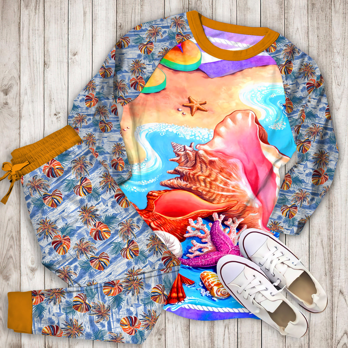 Beach Seashell Pajama Set | Pajamas | Cotton Sleepwear Sets | Soft Long Sleeve Pjs | Raglan Shirt and Pants Set