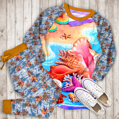 Beach Seashell Pajama Set | Pajamas | Cotton Sleepwear Sets | Soft Long Sleeve Pjs | Raglan Shirt and Pants Set