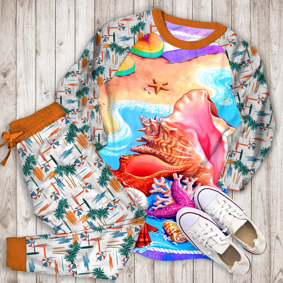 Beach Seashell Pajama Set | Pajamas | Cotton Sleepwear Sets | Soft Long Sleeve Pjs | Raglan Shirt and Pants Set