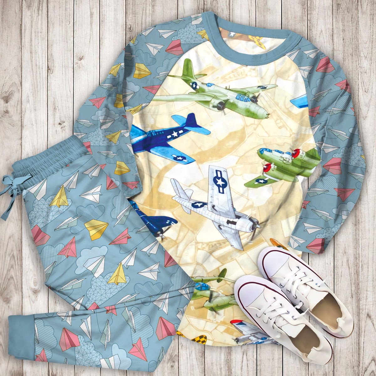 Airplane Color Pajama Set | Pajamas | Cotton Sleepwear Sets | Soft Long Sleeve Pjs | Raglan Shirt and Pants Set