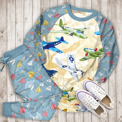 Airplane Color Pajama Set | Pajamas | Cotton Sleepwear Sets | Soft Long Sleeve Pjs | Raglan Shirt and Pants Set