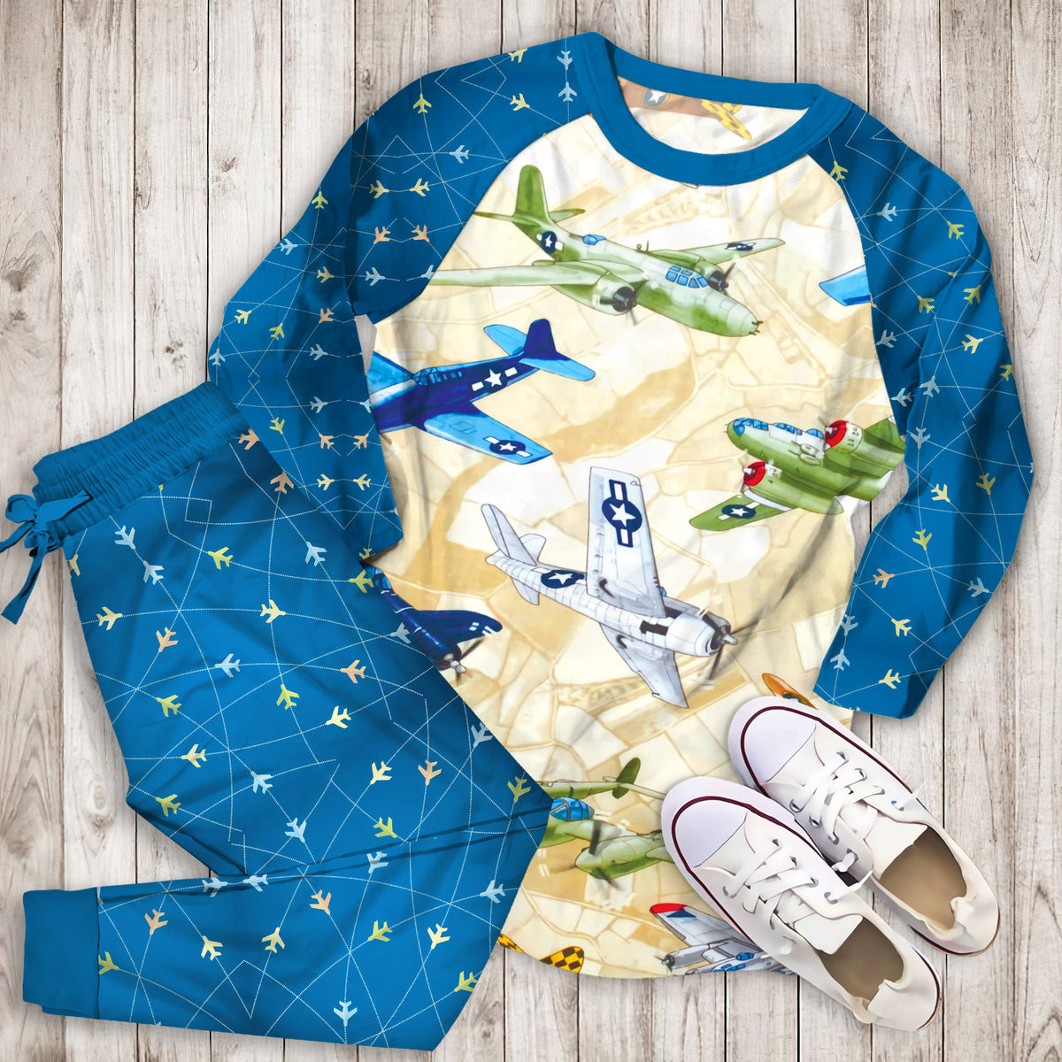 Airplane Color Pajama Set | Pajamas | Cotton Sleepwear Sets | Soft Long Sleeve Pjs | Raglan Shirt and Pants Set
