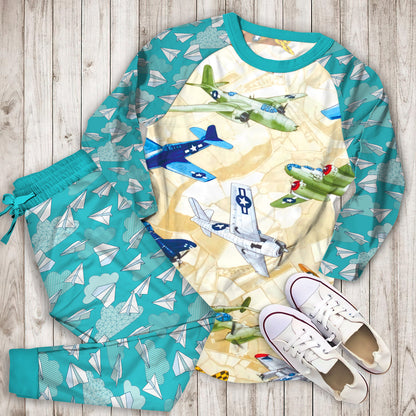 Airplane Color Pajama Set | Pajamas | Cotton Sleepwear Sets | Soft Long Sleeve Pjs | Raglan Shirt and Pants Set