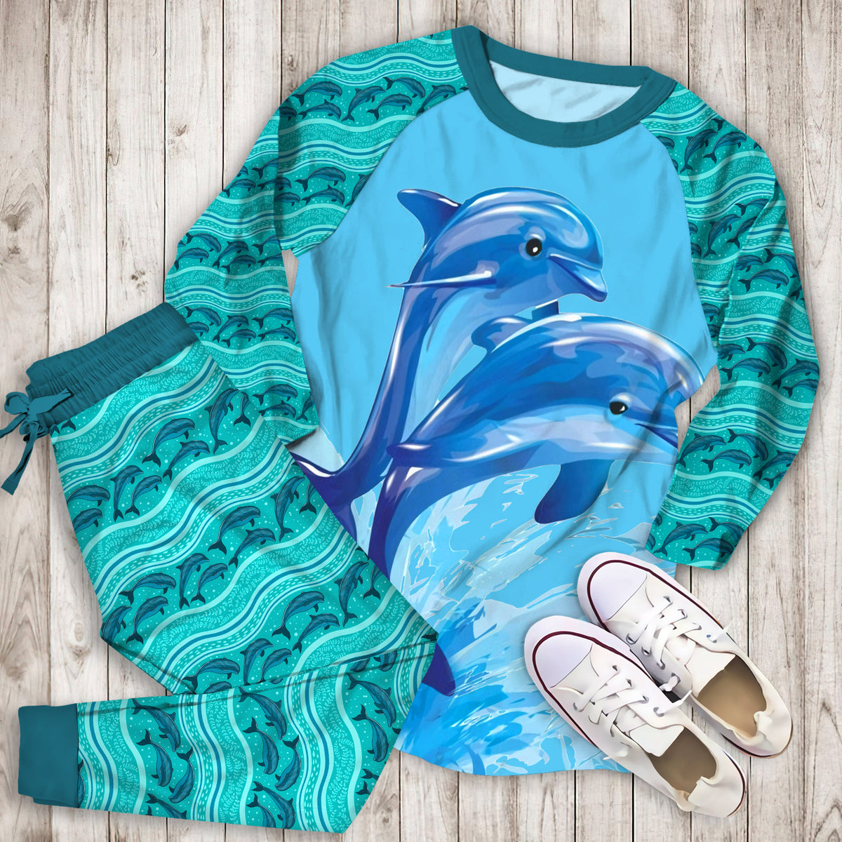 Two Dolphin Pajama Set |Sleepwear Pjs Sets | Raglan Shirt Pants Set