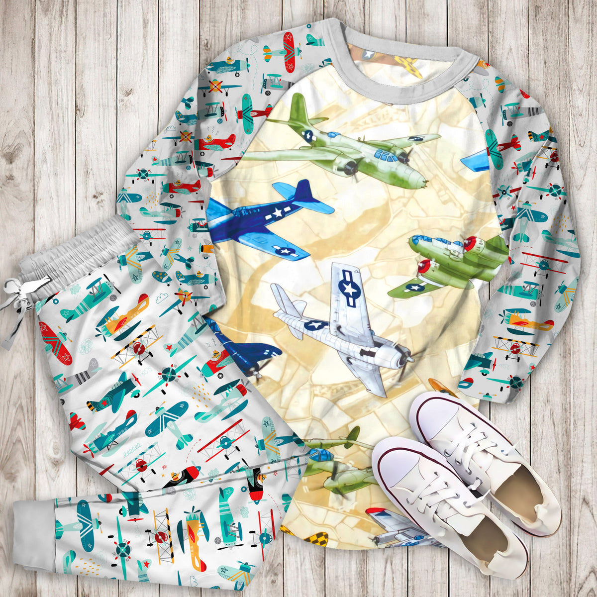 Airplane Color Pajama Set | Pajamas | Cotton Sleepwear Sets | Soft Long Sleeve Pjs | Raglan Shirt and Pants Set