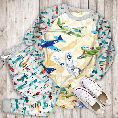 Airplane Color Pajama Set | Pajamas | Cotton Sleepwear Sets | Soft Long Sleeve Pjs | Raglan Shirt and Pants Set