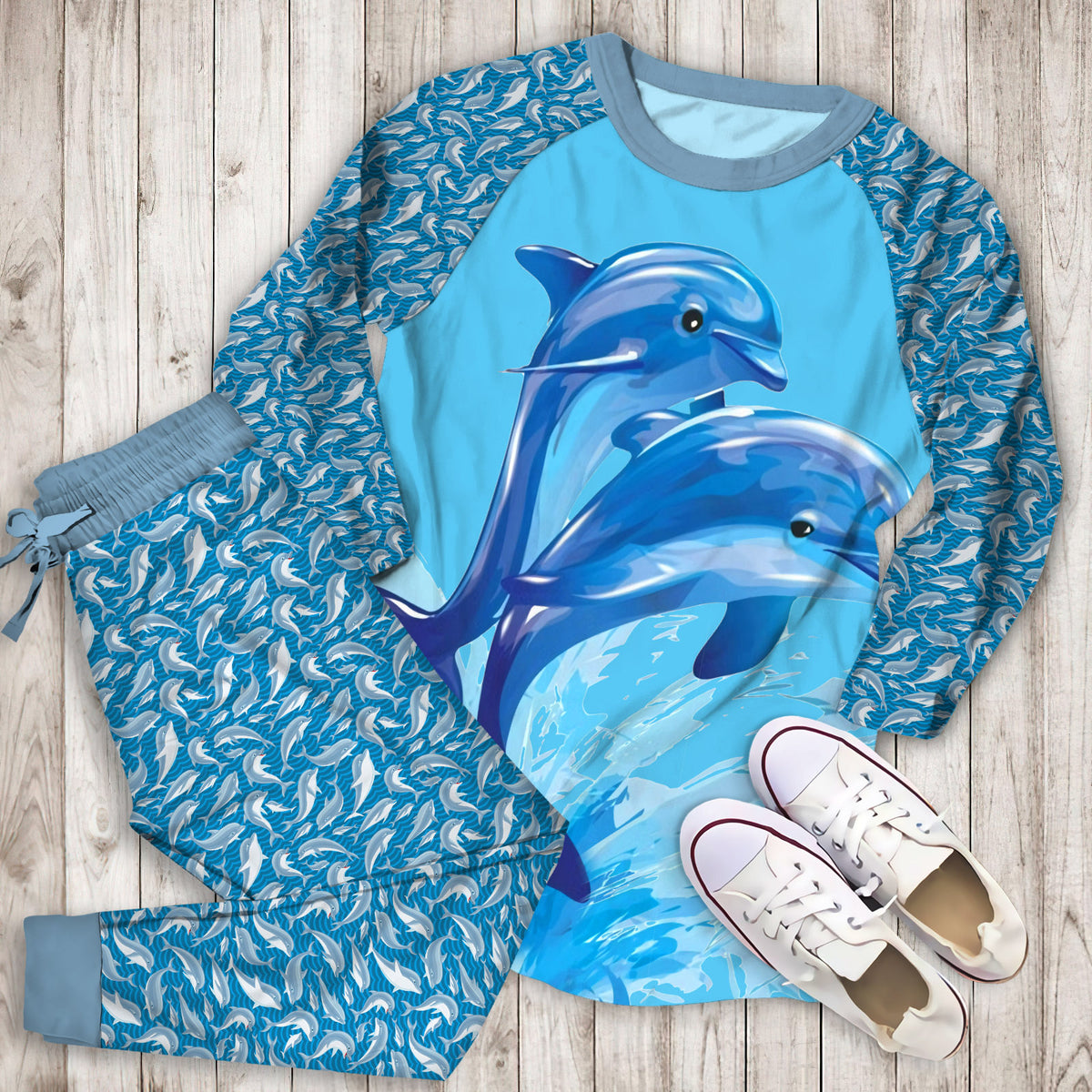 Two Dolphin Pajama Set |Sleepwear Pjs Sets | Raglan Shirt Pants Set
