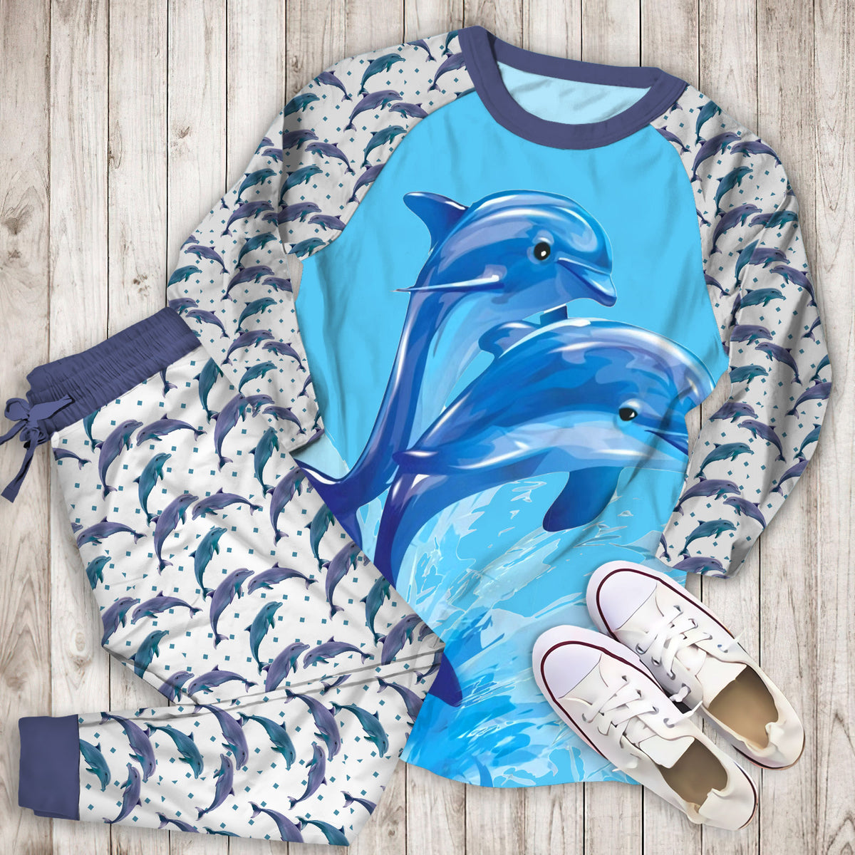 Two Dolphin Pajama Set |Sleepwear Pjs Sets | Raglan Shirt Pants Set