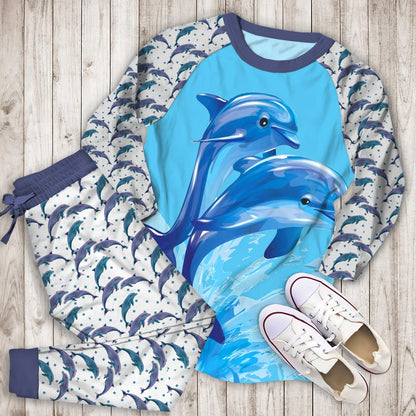 Two Dolphin Pajama Set |Sleepwear Pjs Sets | Raglan Shirt Pants Set