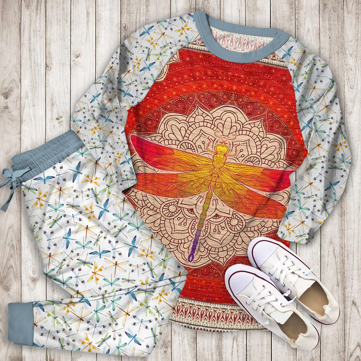 Dragonfly Red Dragonfly Pajama Set | Pajamas | Cotton Sleepwear Sets | Soft Long Sleeve Pjs | Raglan Shirt and Pants Set
