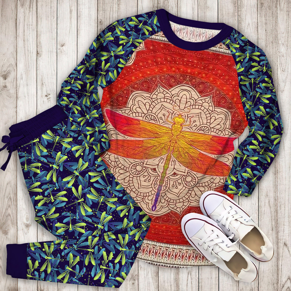 Dragonfly Red Dragonfly Pajama Set | Pajamas | Cotton Sleepwear Sets | Soft Long Sleeve Pjs | Raglan Shirt and Pants Set