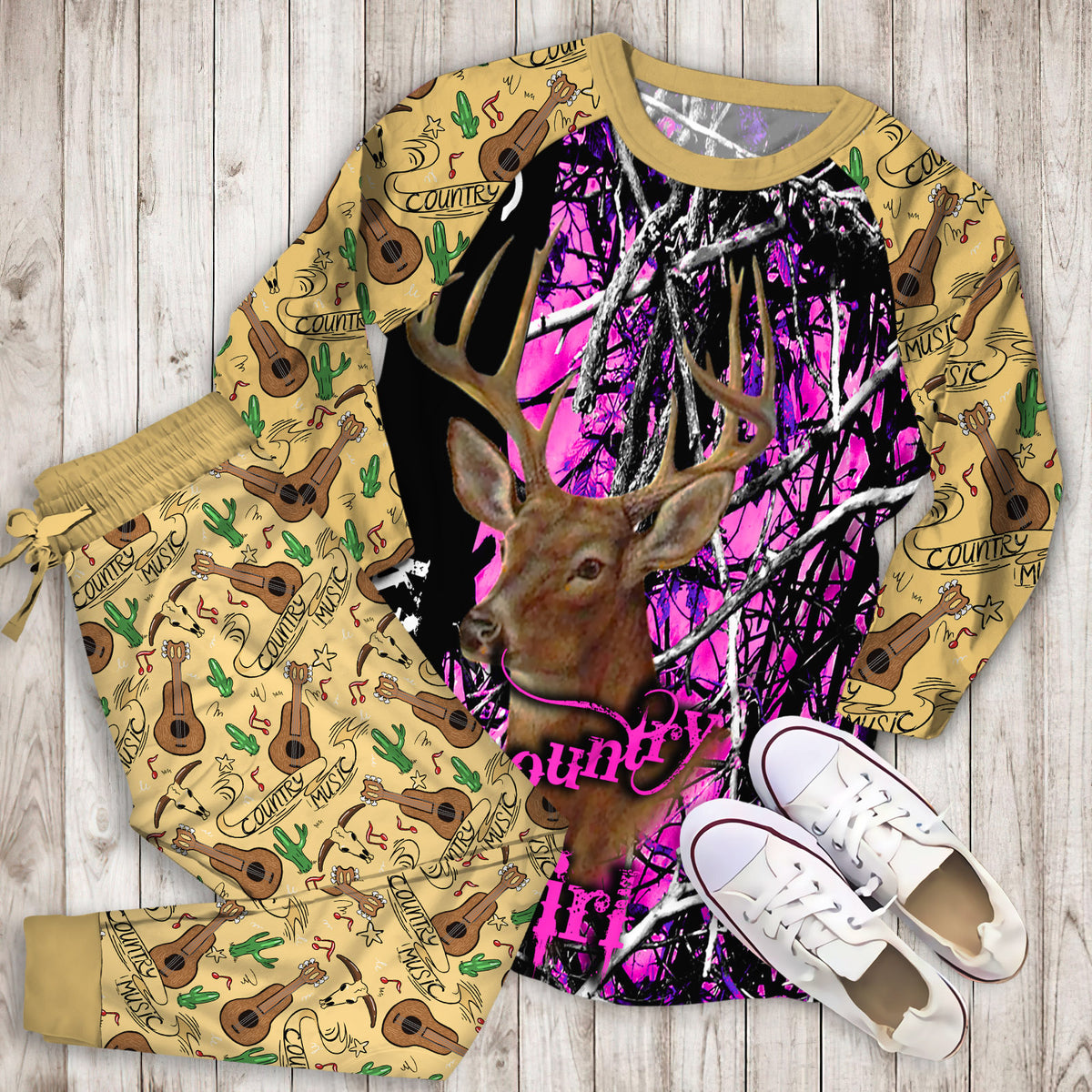 Country Girl Deer Hunting Pink Muddy Girl Camo Name Personalized Namei Pajama Set |Sleepwear Pjs Sets | Raglan Shirt Pants Set
