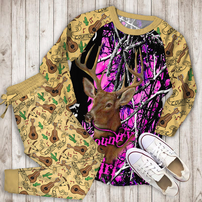 Country Girl Deer Hunting Pink Muddy Girl Camo Name Personalized Namei Pajama Set |Sleepwear Pjs Sets | Raglan Shirt Pants Set
