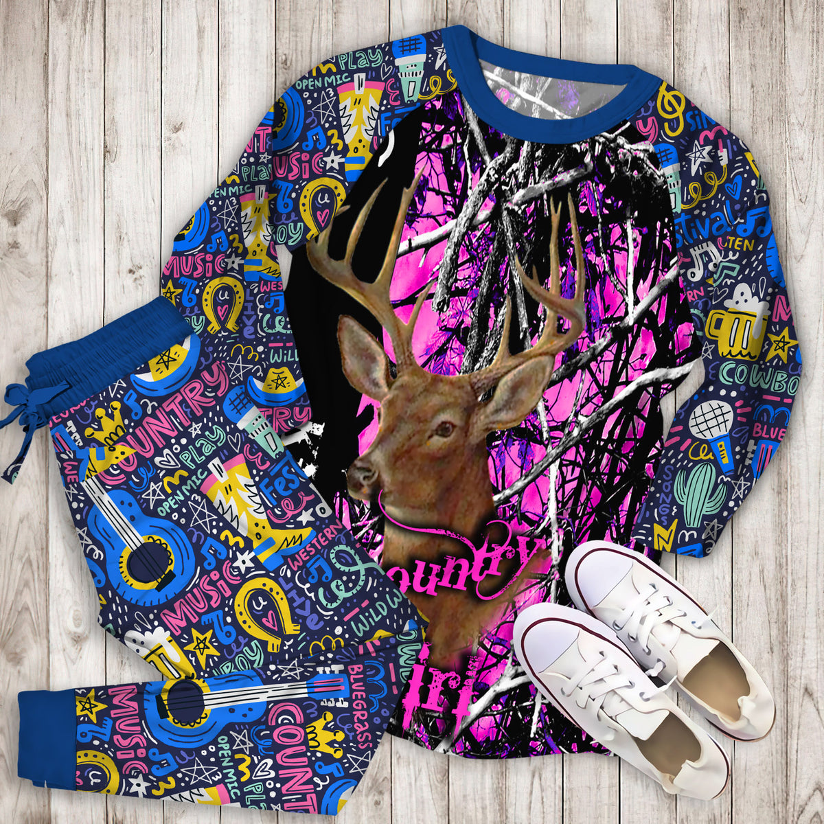 Country Girl Deer Hunting Pink Muddy Girl Camo Name Personalized Namei Pajama Set |Sleepwear Pjs Sets | Raglan Shirt Pants Set