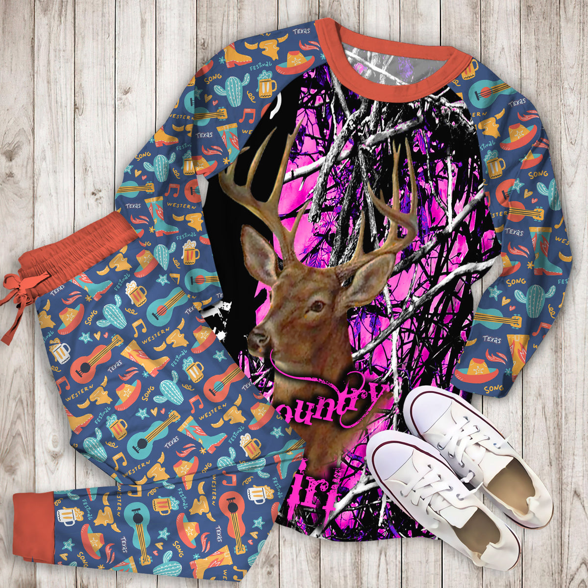 Country Girl Deer Hunting Pink Muddy Girl Camo Name Personalized Namei Pajama Set |Sleepwear Pjs Sets | Raglan Shirt Pants Set