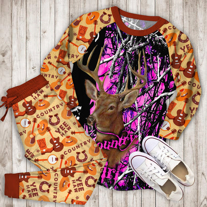 Country Girl Deer Hunting Pink Muddy Girl Camo Name Personalized Namei Pajama Set |Sleepwear Pjs Sets | Raglan Shirt Pants Set