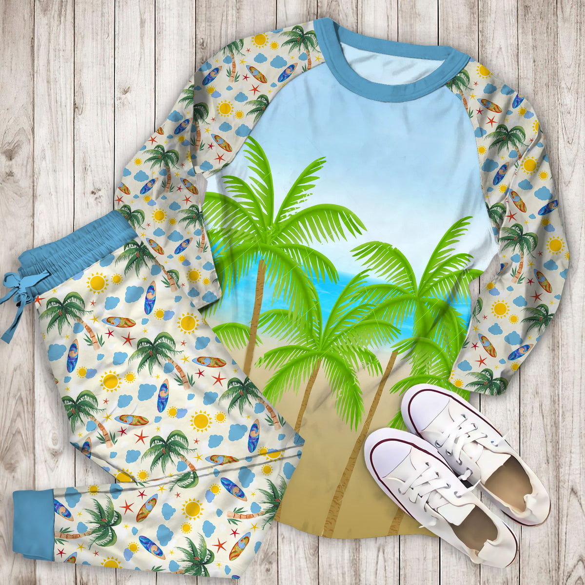 Beach And Palm Pajama Set | Pajamas | Cotton Sleepwear Sets | Soft Long Sleeve Pjs | Raglan Shirt and Pants Set