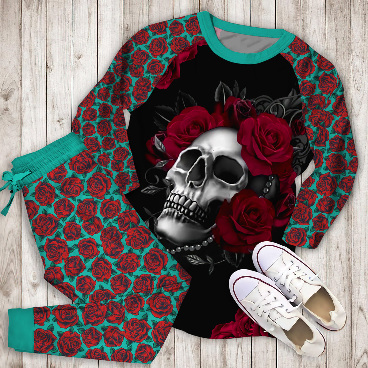Roses Skull Pajama Set |Sleepwear Pjs Sets | Raglan Shirt Pants Set