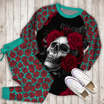 Roses Skull Pajama Set |Sleepwear Pjs Sets | Raglan Shirt Pants Set