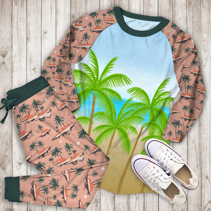 Beach And Palm Pajama Set | Pajamas | Cotton Sleepwear Sets | Soft Long Sleeve Pjs | Raglan Shirt and Pants Set