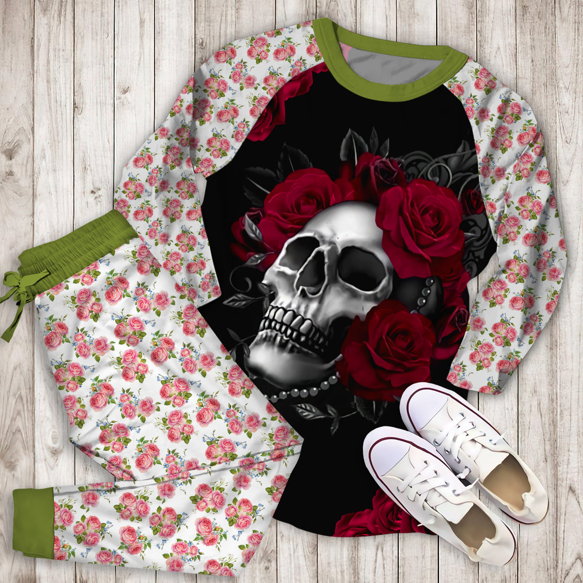 Roses Skull Pajama Set |Sleepwear Pjs Sets | Raglan Shirt Pants Set