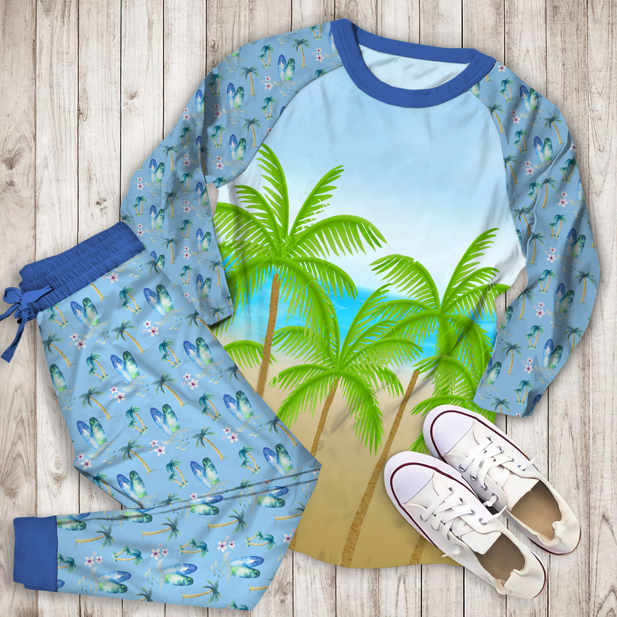 Beach And Palm Pajama Set | Pajamas | Cotton Sleepwear Sets | Soft Long Sleeve Pjs | Raglan Shirt and Pants Set