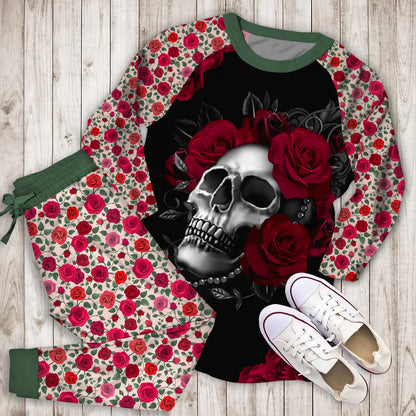 Roses Skull Pajama Set |Sleepwear Pjs Sets | Raglan Shirt Pants Set